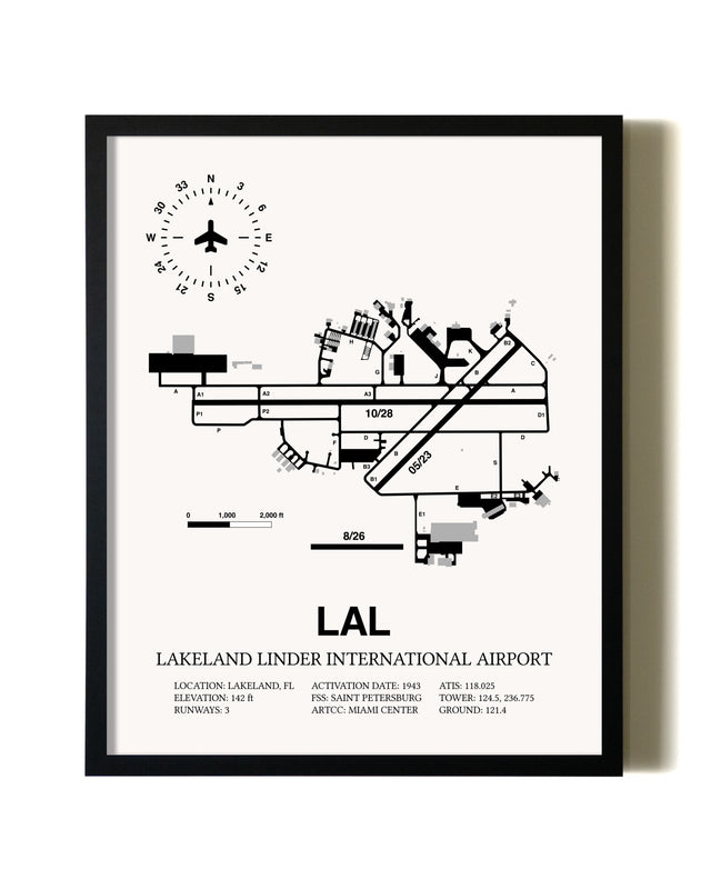 Framed Lakeland Linder International Airport wall art poster in black frame