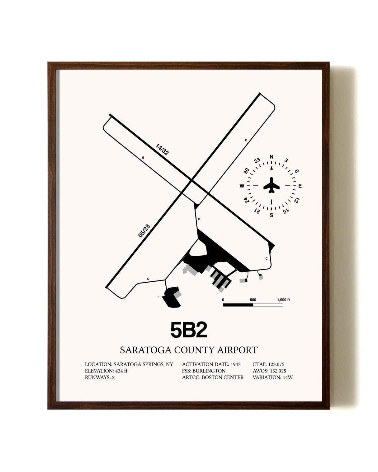 Saratoga County Airport aviation print in walnut frame