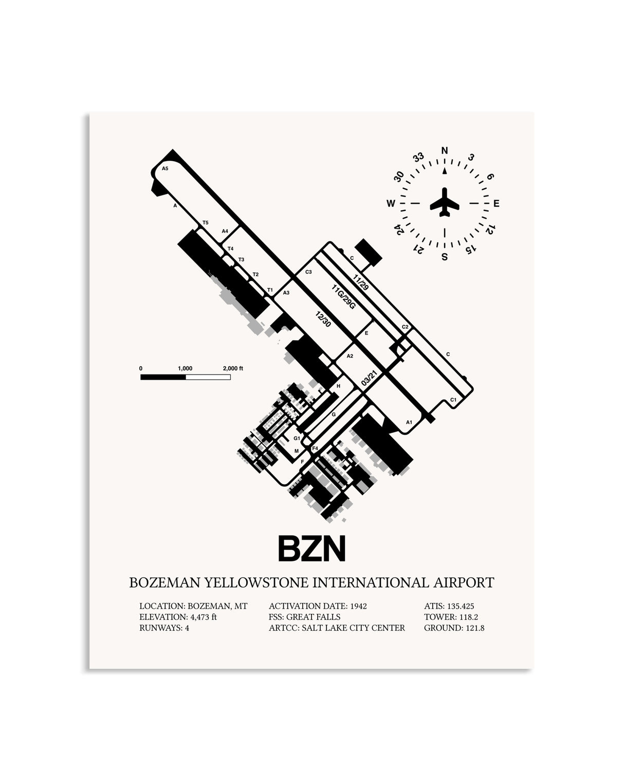 Gray Bozeman Yellowstone International Airport framed poster displayed in an airplane hangar