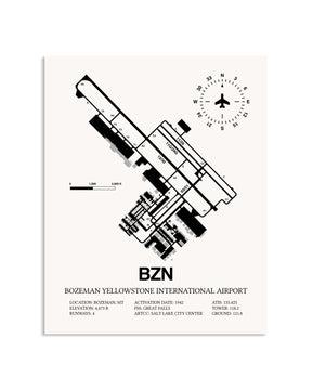 Gray Bozeman Yellowstone International Airport framed poster displayed in an airplane hangar