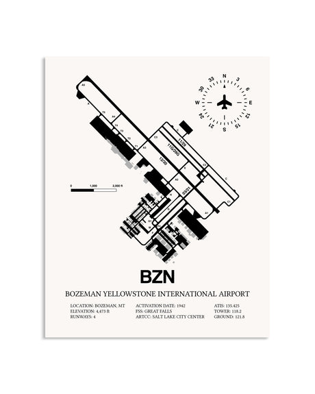 Gray Bozeman Yellowstone International Airport framed poster displayed in an airplane hangar