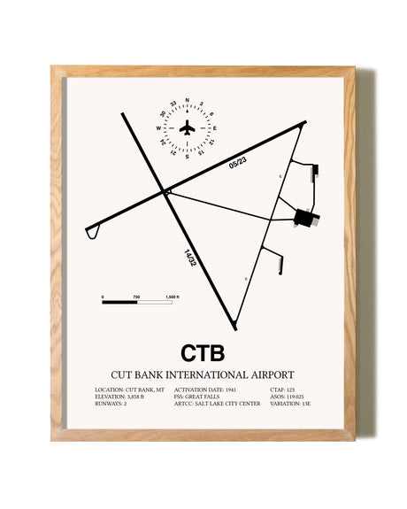 Cut Bank International Airport framed print in natural wood frame