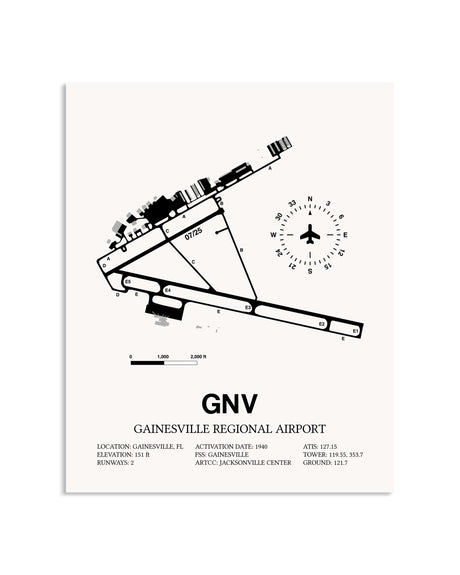 Gray Gainesville Regional Airport framed poster displayed in an airplane hangar