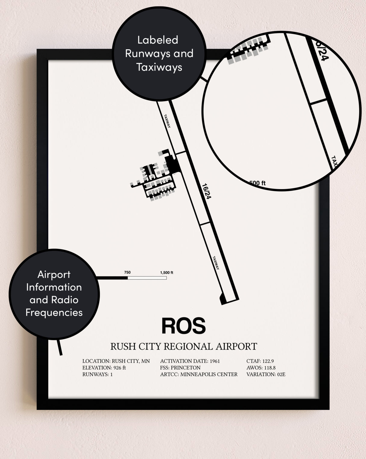 Framed Rush City Regional Airport layout wall art poster