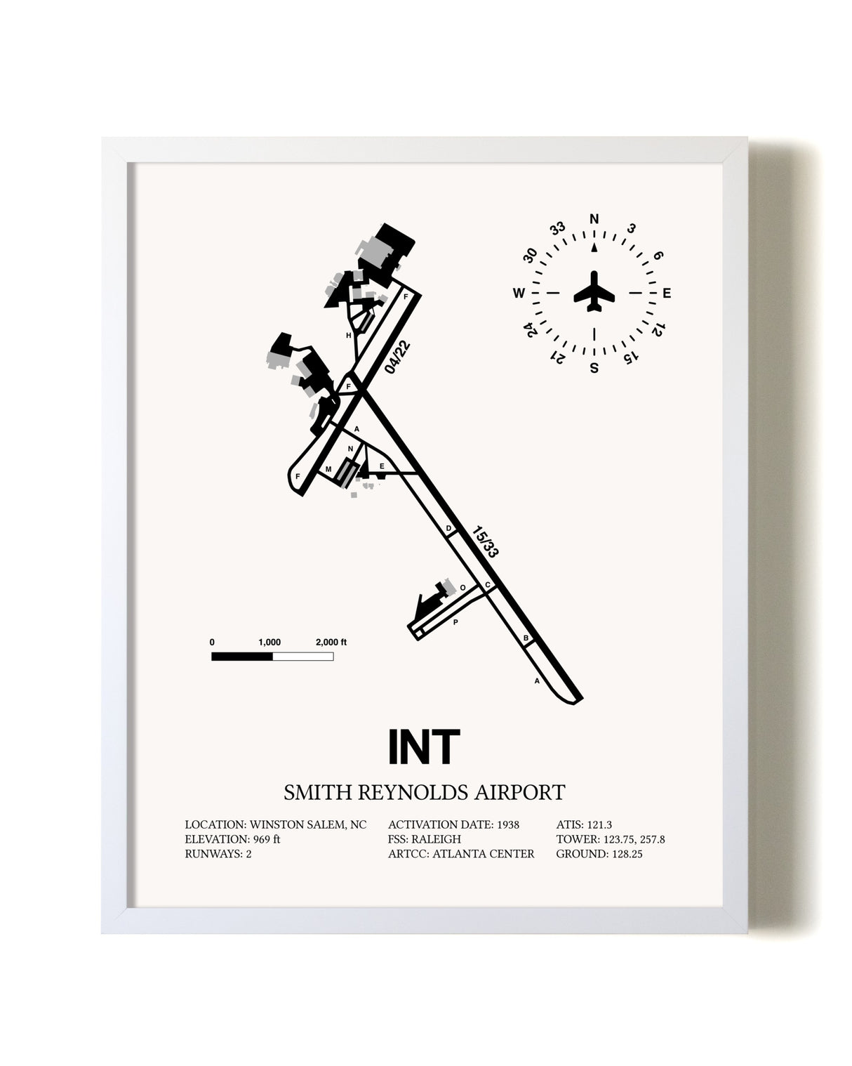 Smith Reynolds Airport airport map poster in oak frame