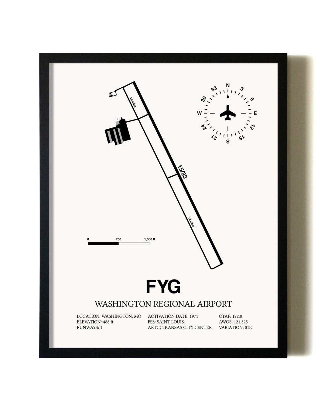 Framed Washington Regional Airport wall art poster in black frame