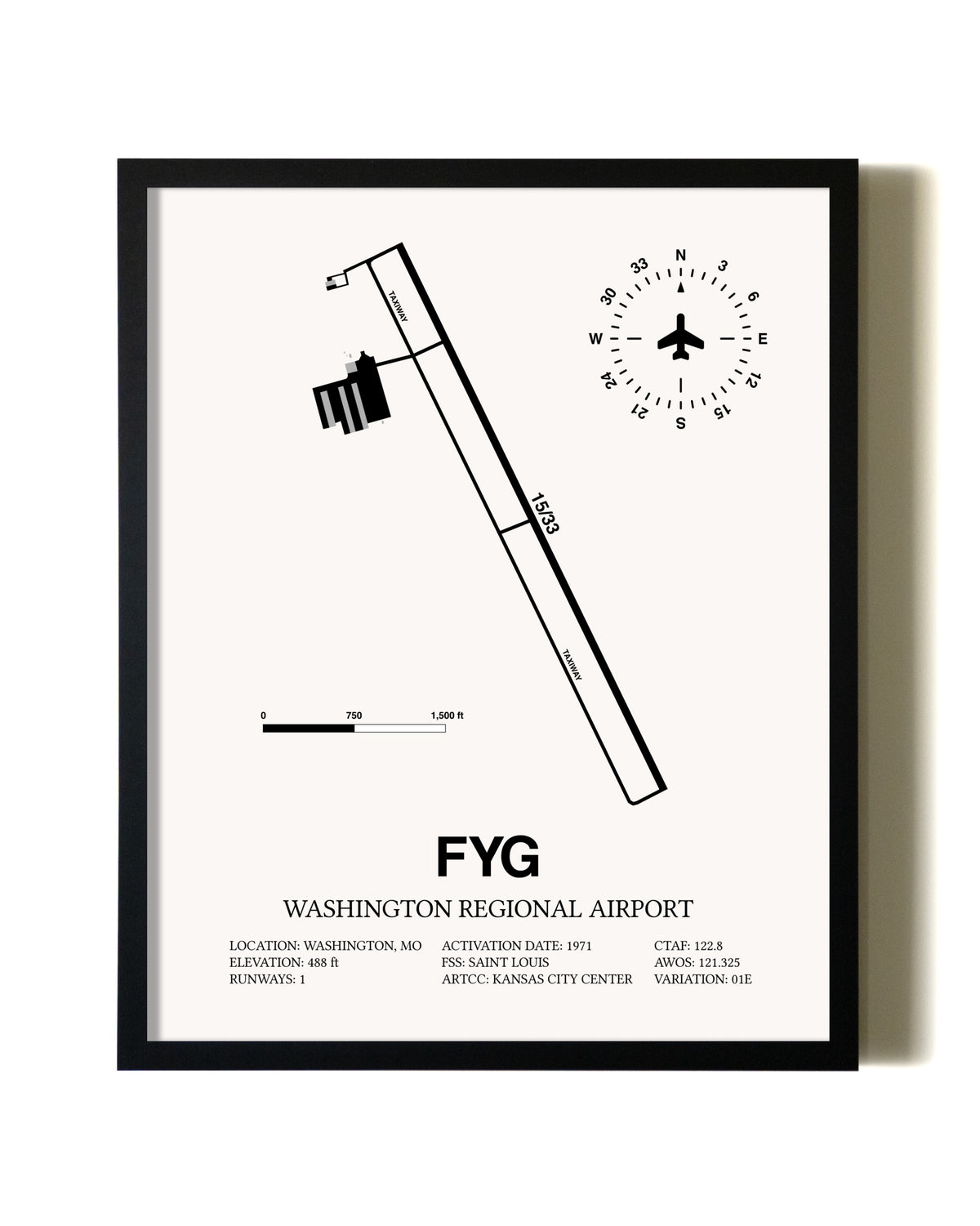 Framed Washington Regional Airport wall art poster in black frame