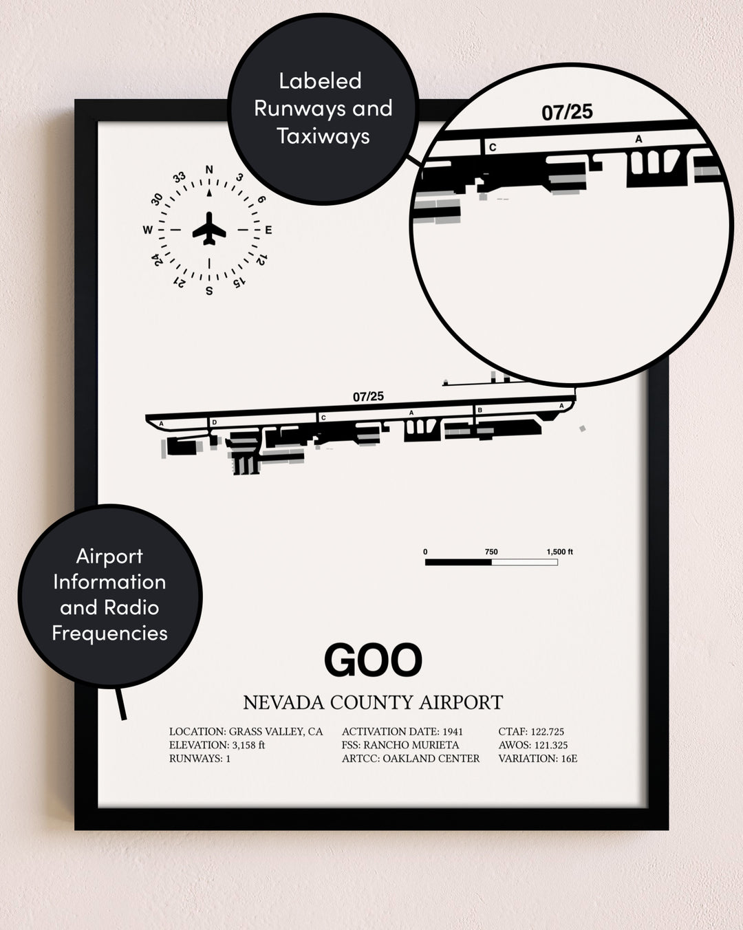 Framed Nevada County Airport layout wall art poster