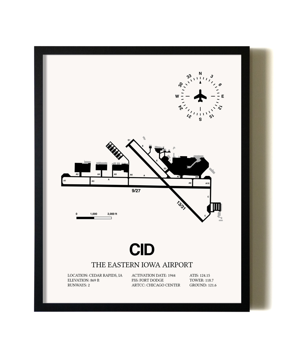 Framed The Eastern Iowa Airport wall art poster in black frame