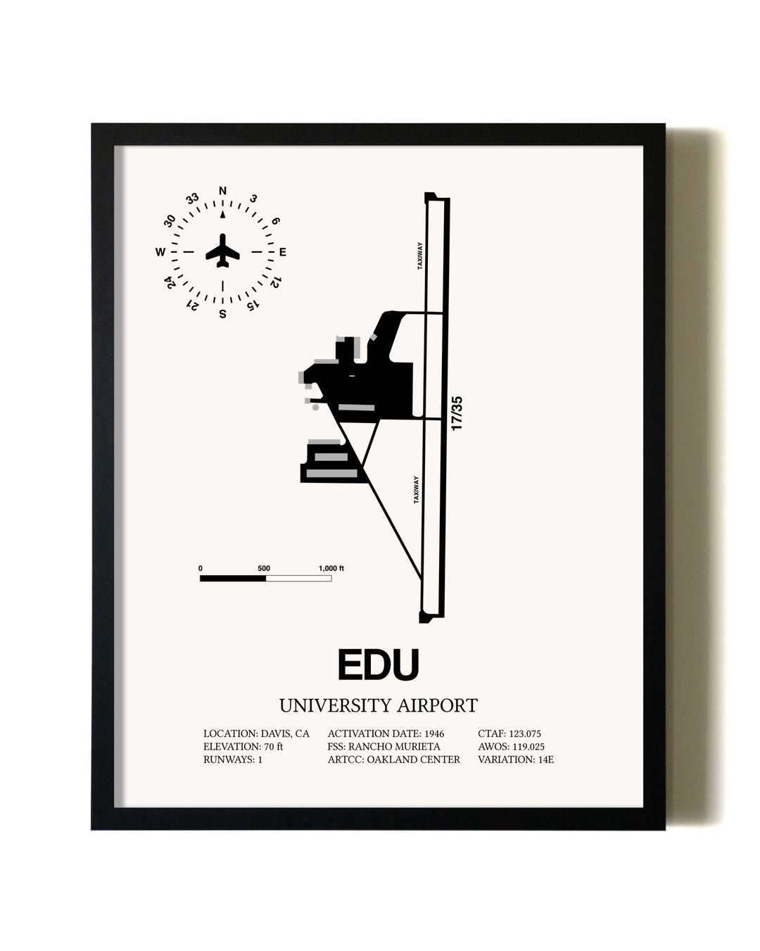 Framed University Airport wall art poster in black frame