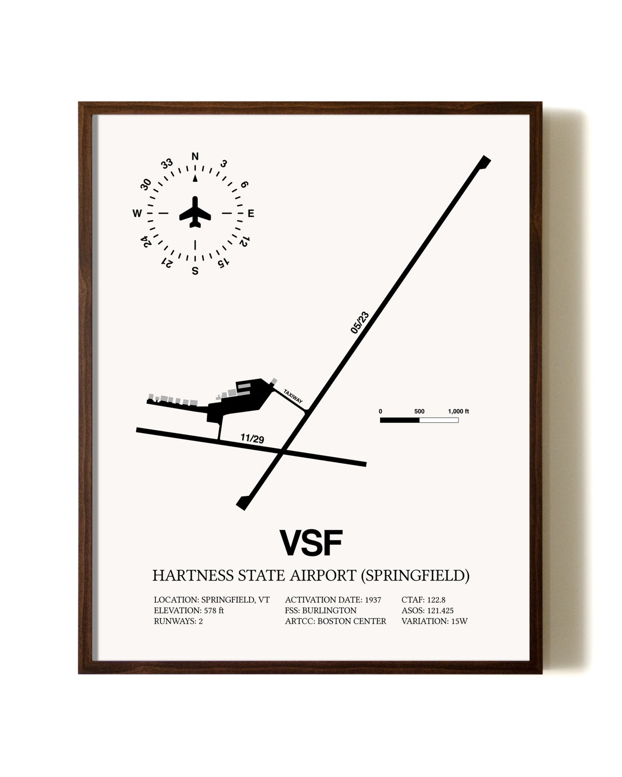 Hartness State Airport (Springfield) aviation print in walnut frame