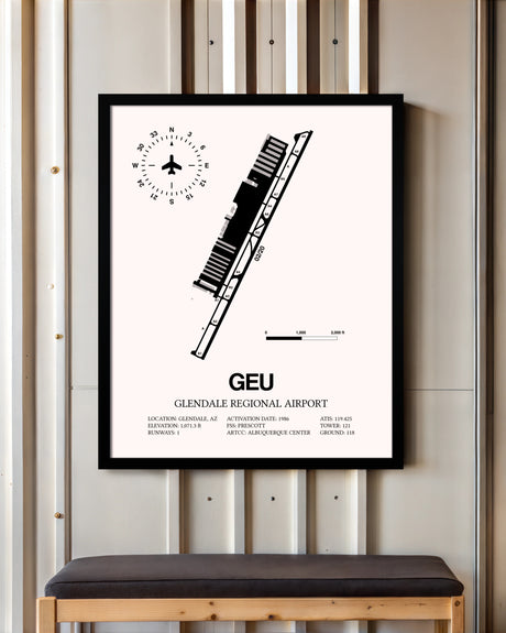 Glendale Regional Airport framed poster displayed in an airplane hangar