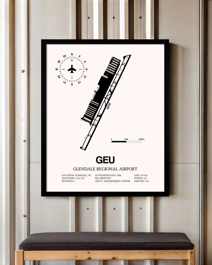Glendale Regional Airport framed poster displayed in an airplane hangar