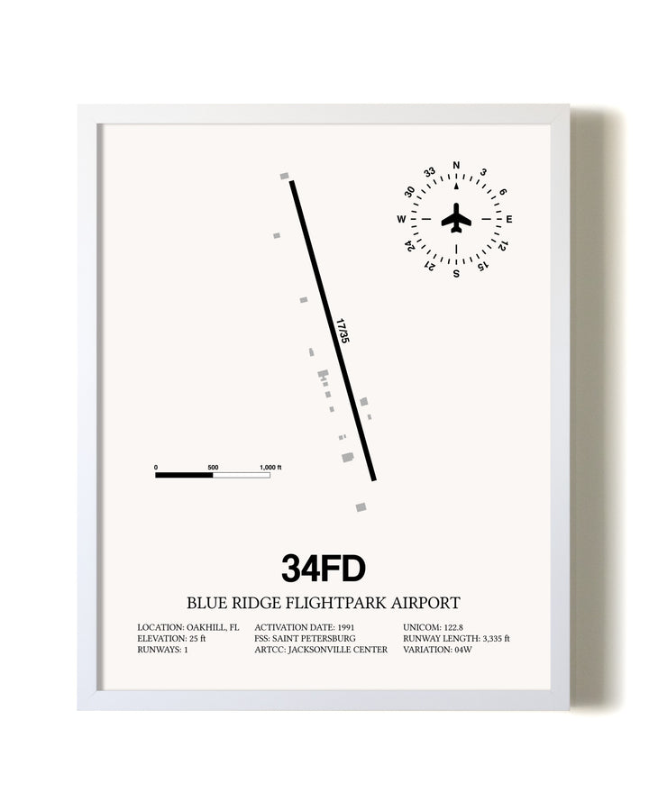 Blue Ridge Flightpark Airport airport map poster in oak frame