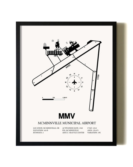 Framed McMinnville Municipal Airport wall art poster in black frame