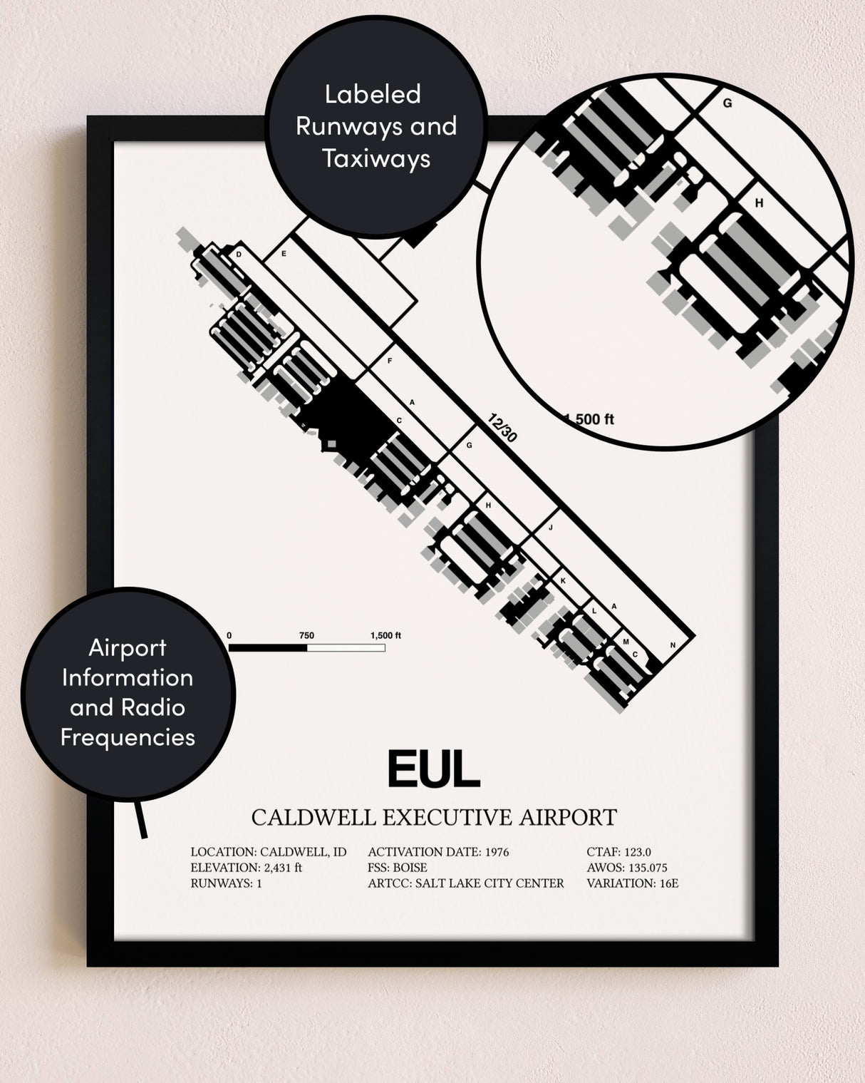 Framed Caldwell Executive Airport layout wall art poster