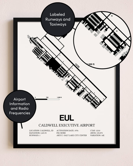 Framed Caldwell Executive Airport layout wall art poster