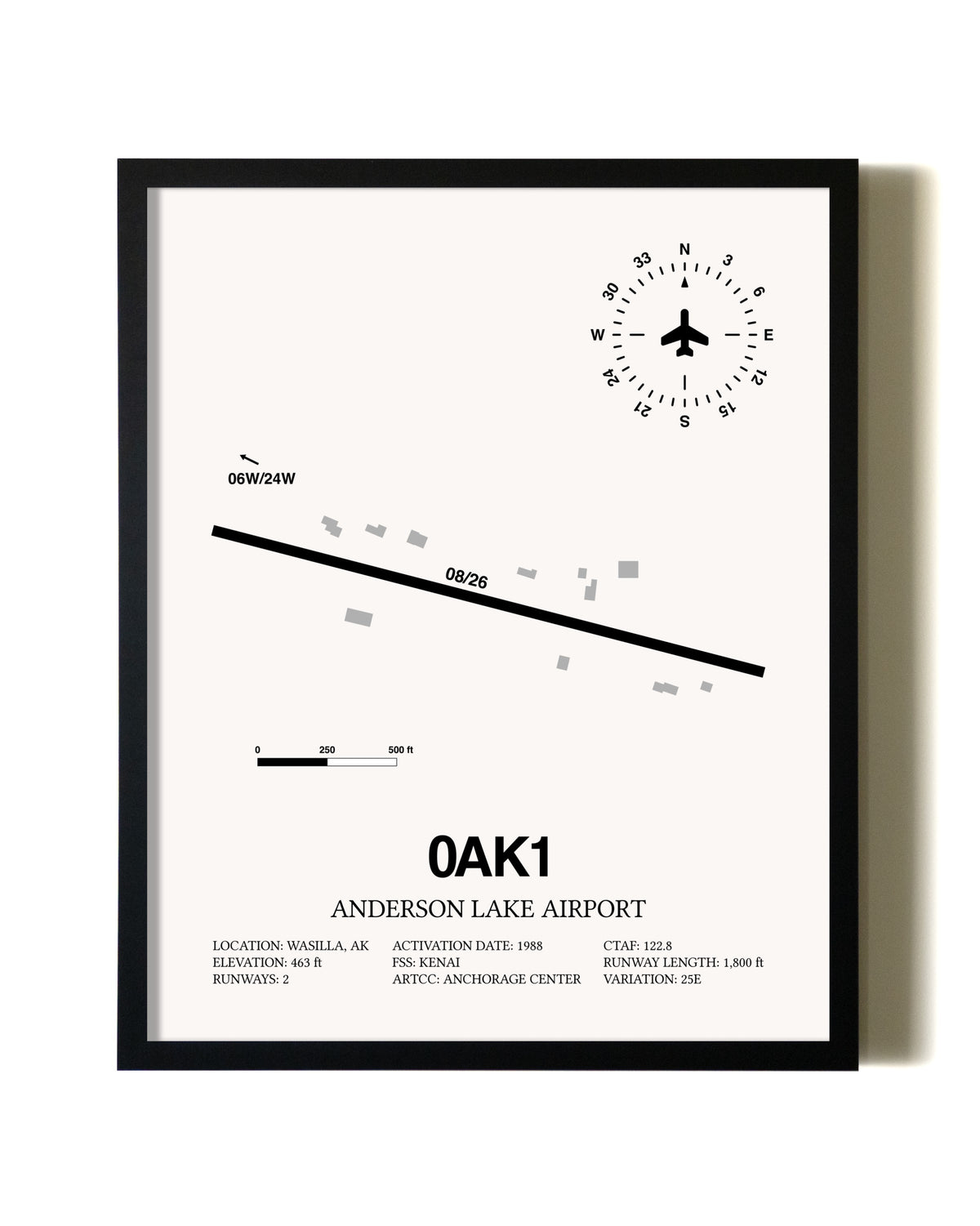 Framed Anderson Lake Airport wall art poster in black frame