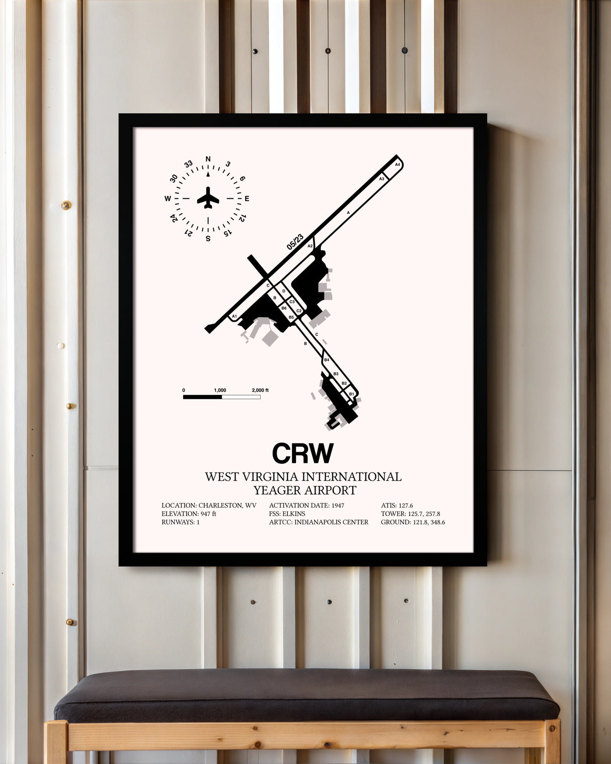 West Virginia International Yeager Airport framed poster displayed in an airplane hangar
