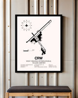 West Virginia International Yeager Airport framed poster displayed in an airplane hangar
