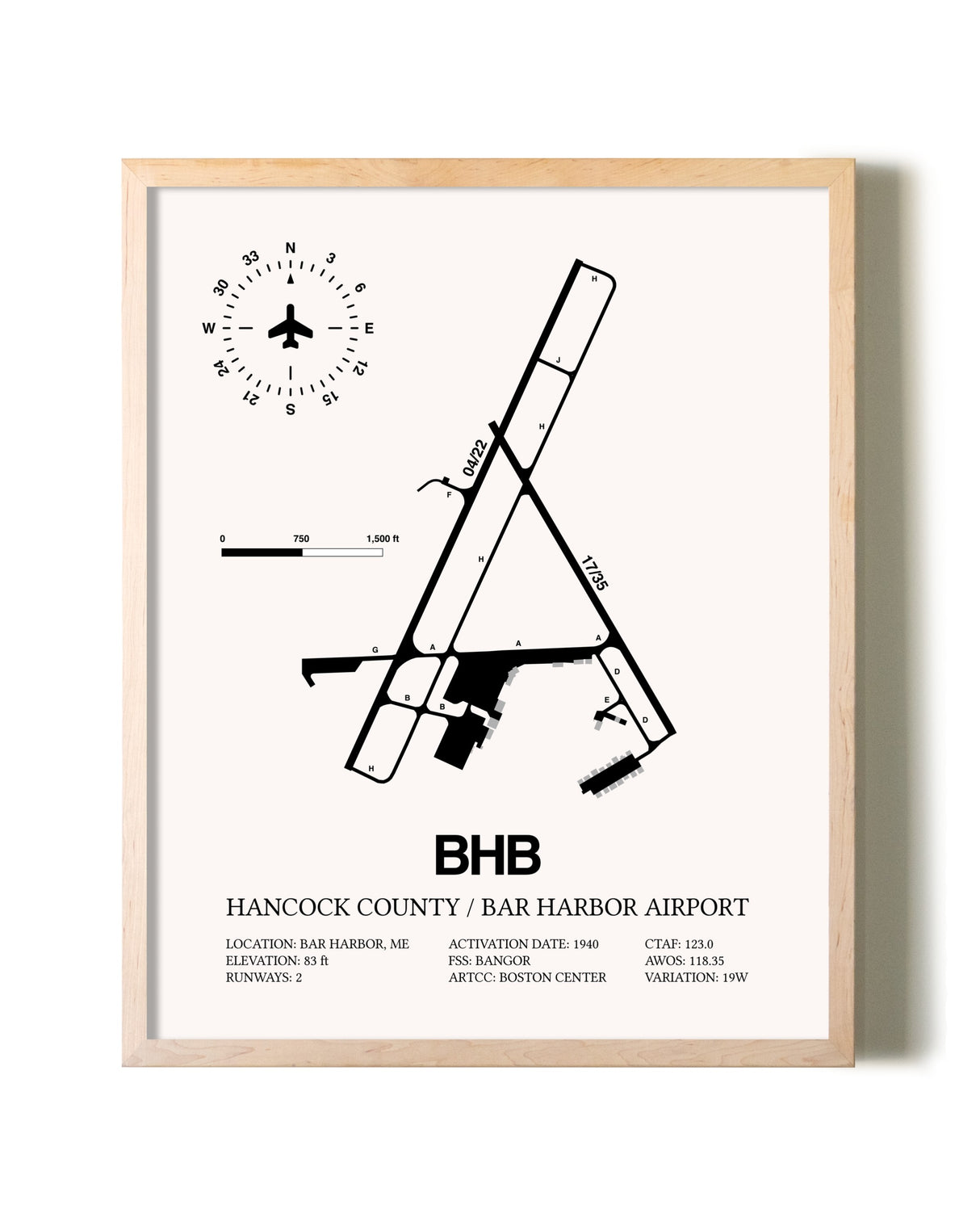 Hancock County / Bar Harbor Airport framed wall art in white frame