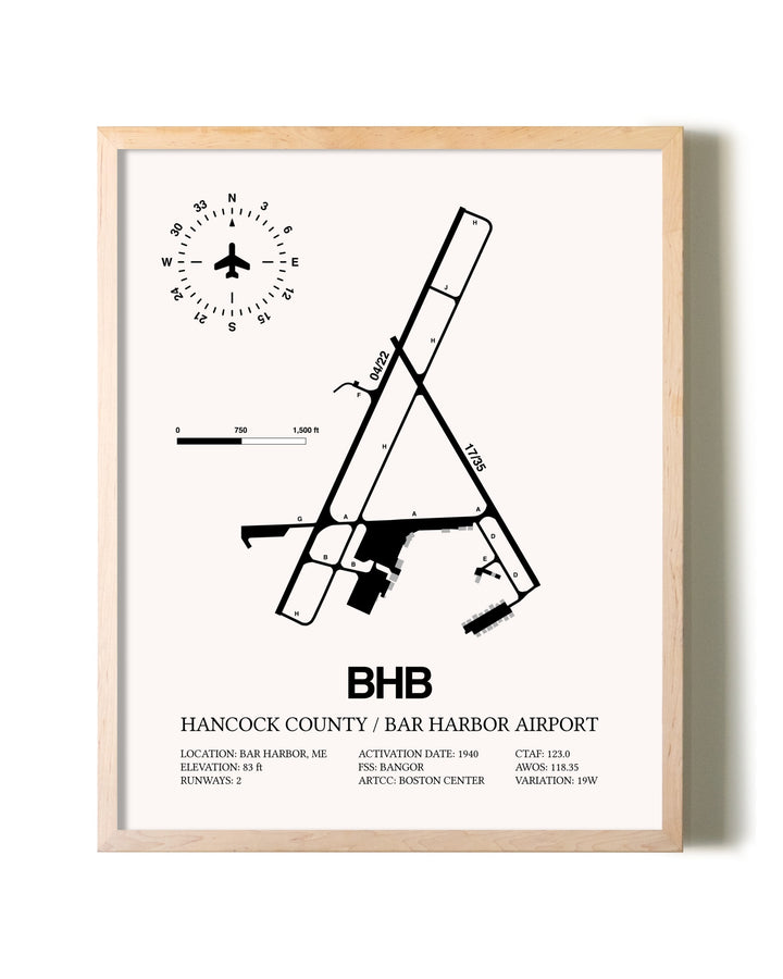 Hancock County / Bar Harbor Airport framed wall art in white frame
