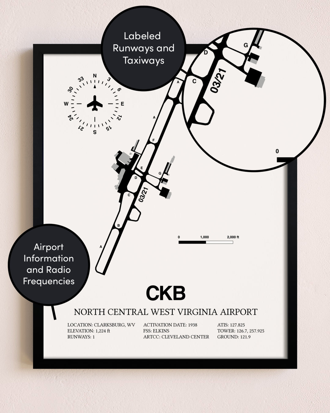 Framed North Central West Virginia Airport layout wall art poster
