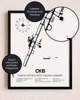 Framed North Central West Virginia Airport layout wall art poster