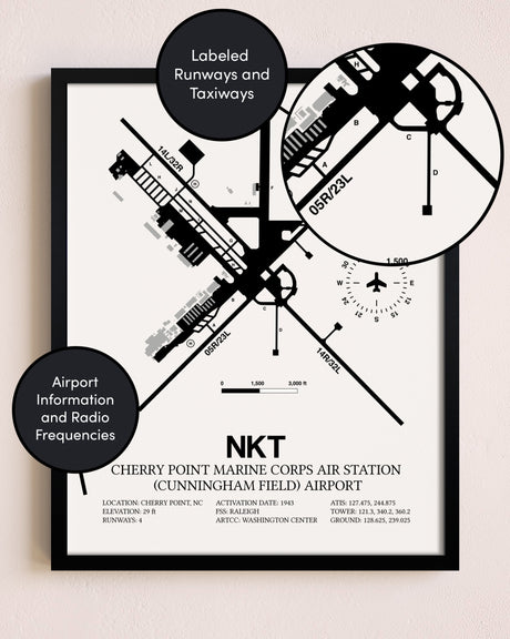 Framed Cherry Point Marine Corps Air Station (Cunningham Field) Airport layout wall art poster