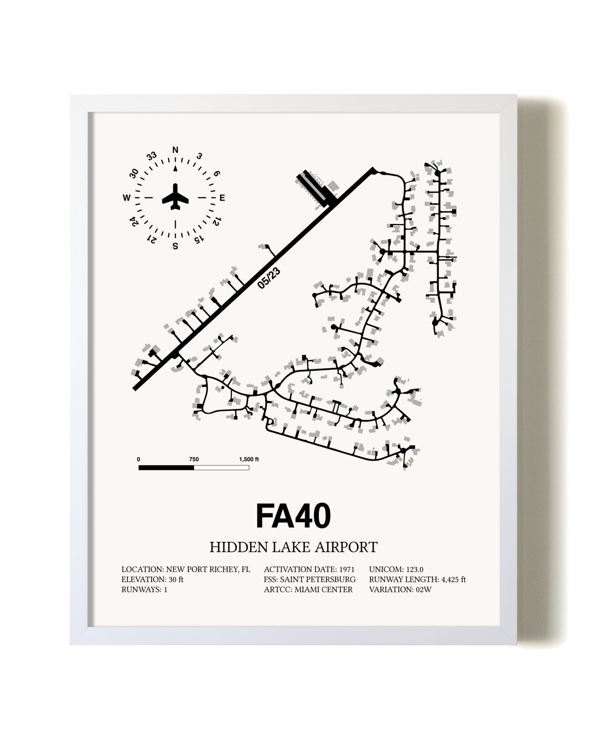 Hidden Lake Airport airport map poster in oak frame