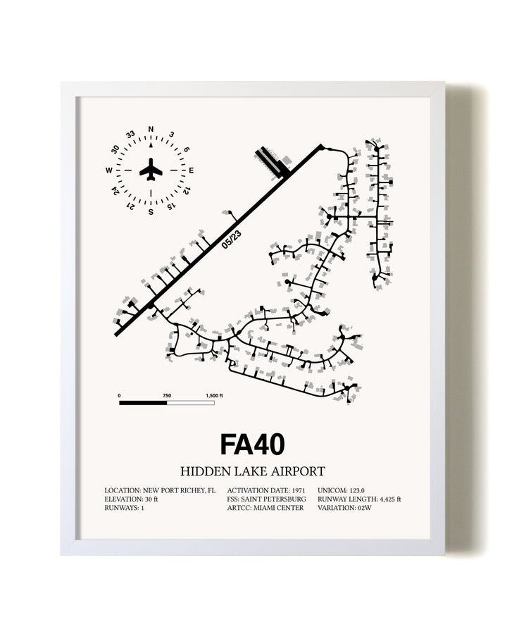Hidden Lake Airport airport map poster in oak frame