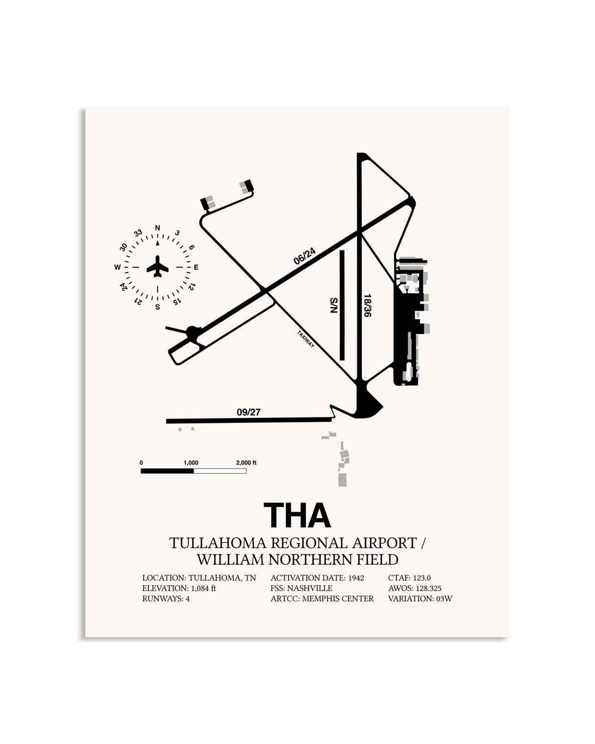 Gray Tullahoma Regional Airport / William Northern Field framed poster displayed in an airplane hangar