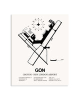 Gray Groton-New London Airport framed poster displayed in an airplane hangar