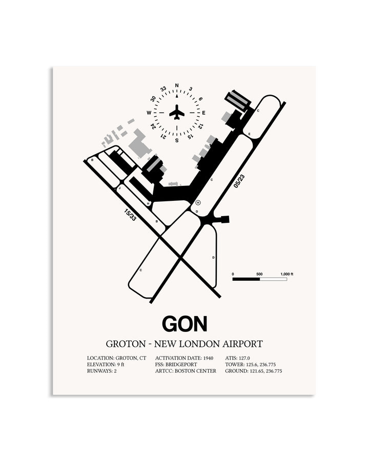 Gray Groton-New London Airport framed poster displayed in an airplane hangar