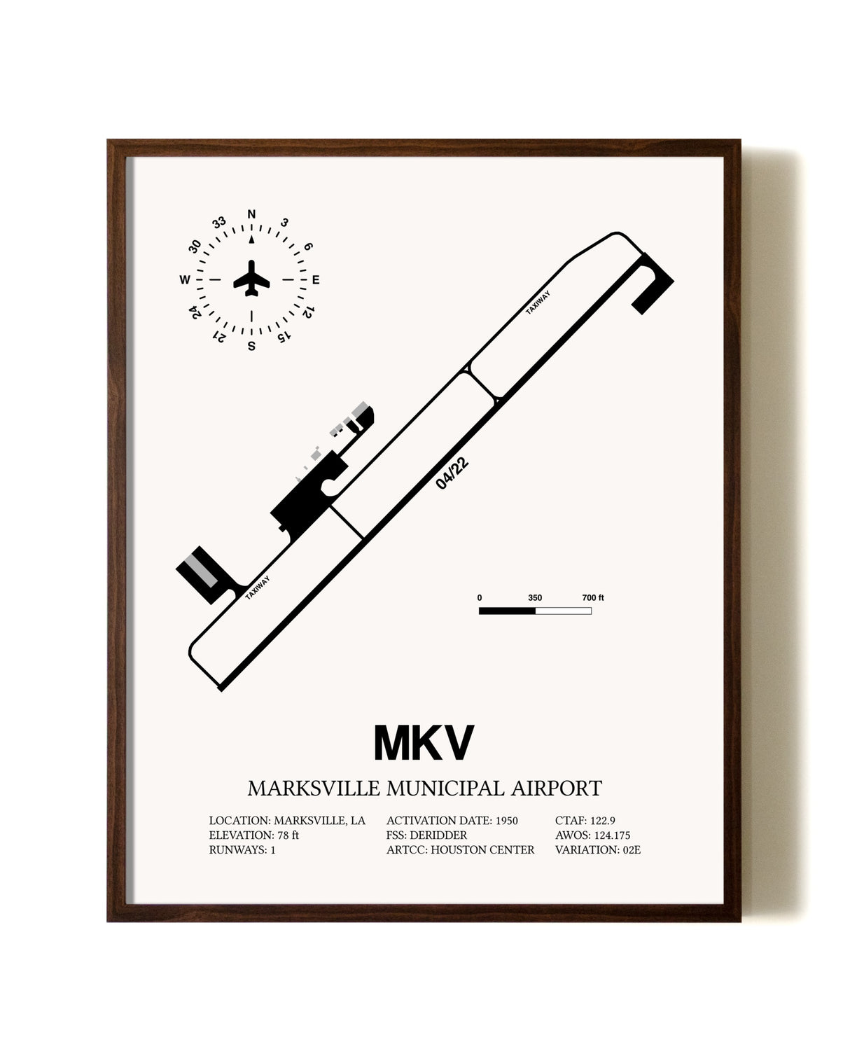 Marksville Municipal Airport aviation print in walnut frame