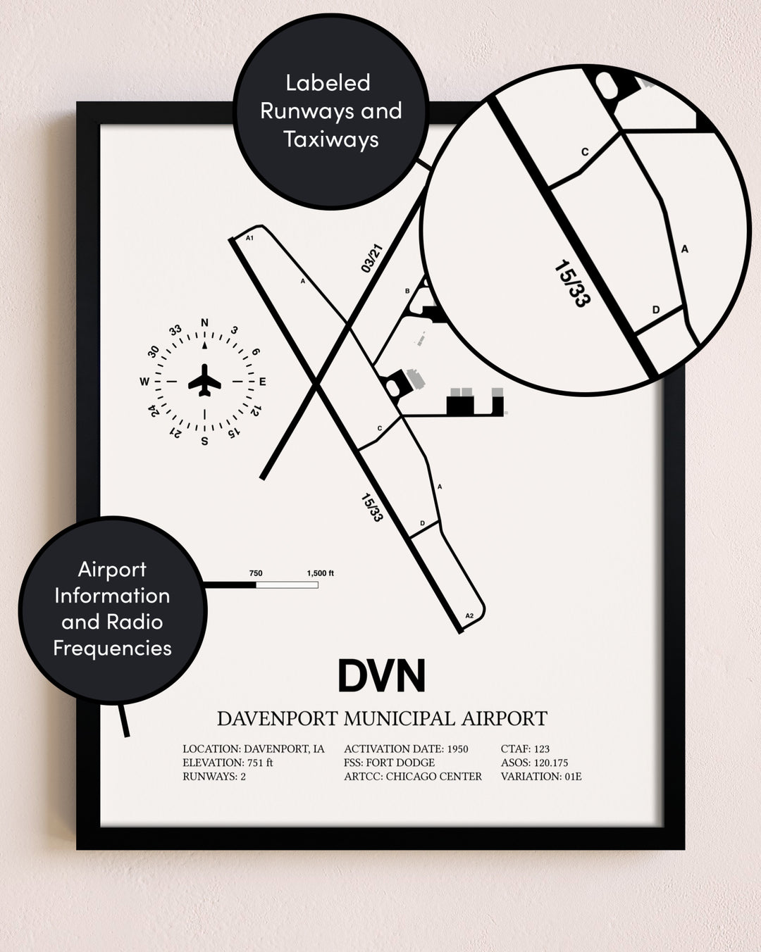 Framed Davenport Municipal Airport layout wall art poster