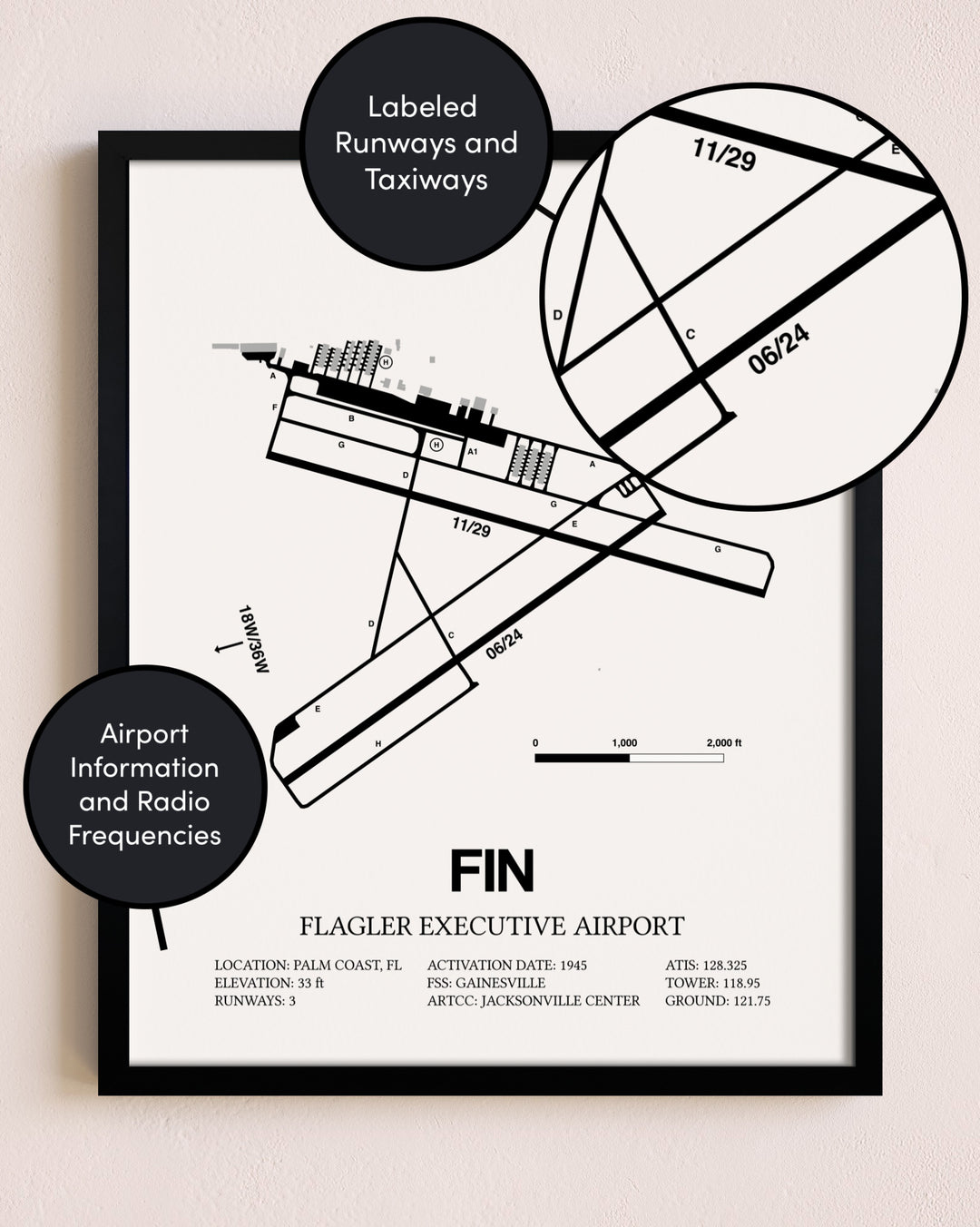 Framed Flagler Executive Airport layout wall art poster