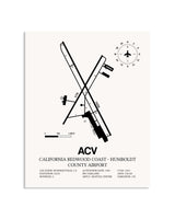 Gray California Redwood Coast - Humboldt County Airport framed poster displayed in an airplane hangar