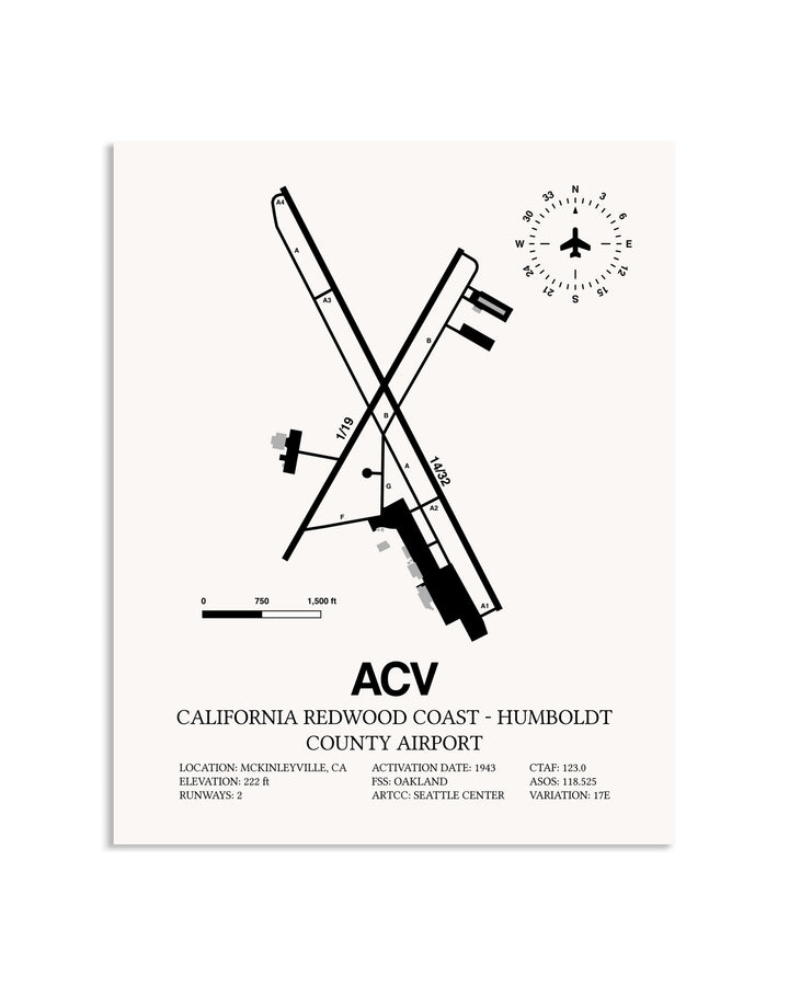 Gray California Redwood Coast - Humboldt County Airport framed poster displayed in an airplane hangar