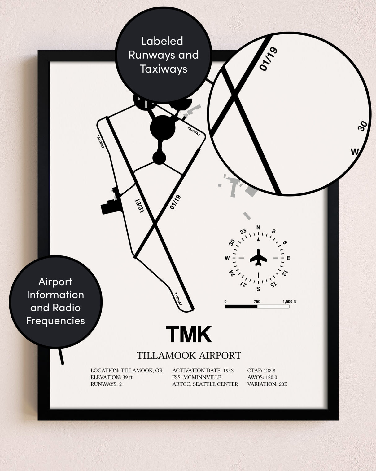 Framed Tillamook Airport layout wall art poster