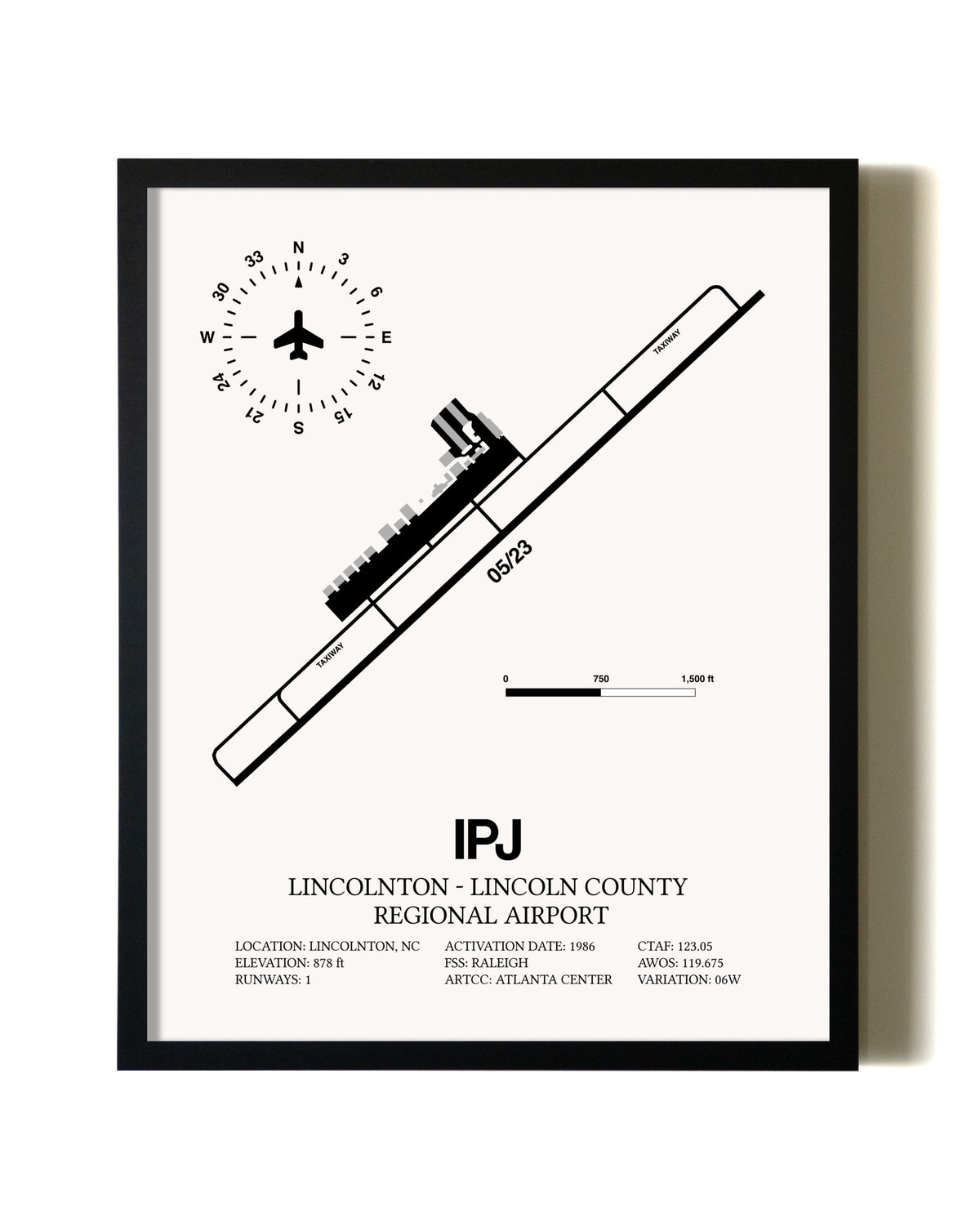 Framed Lincolnton-Lincoln County Regional Airport wall art poster in black frame