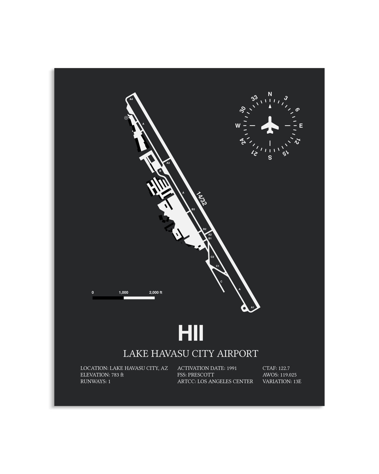 Gray Framed Lake Havasu City Airport layout wall art poster