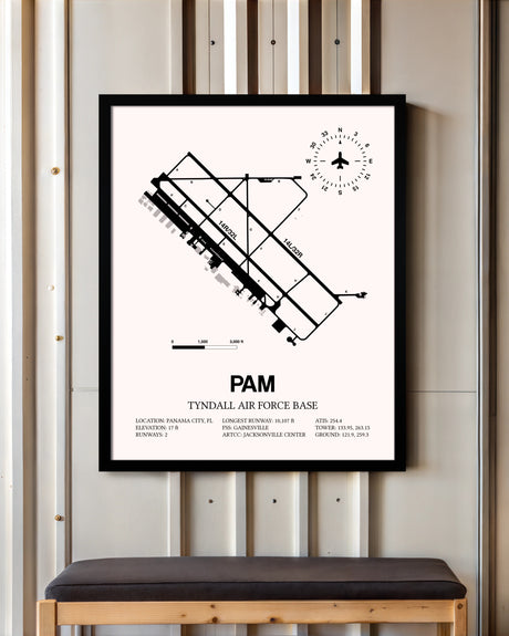 Tyndall Air Force Base framed poster displayed in an airplane hangar