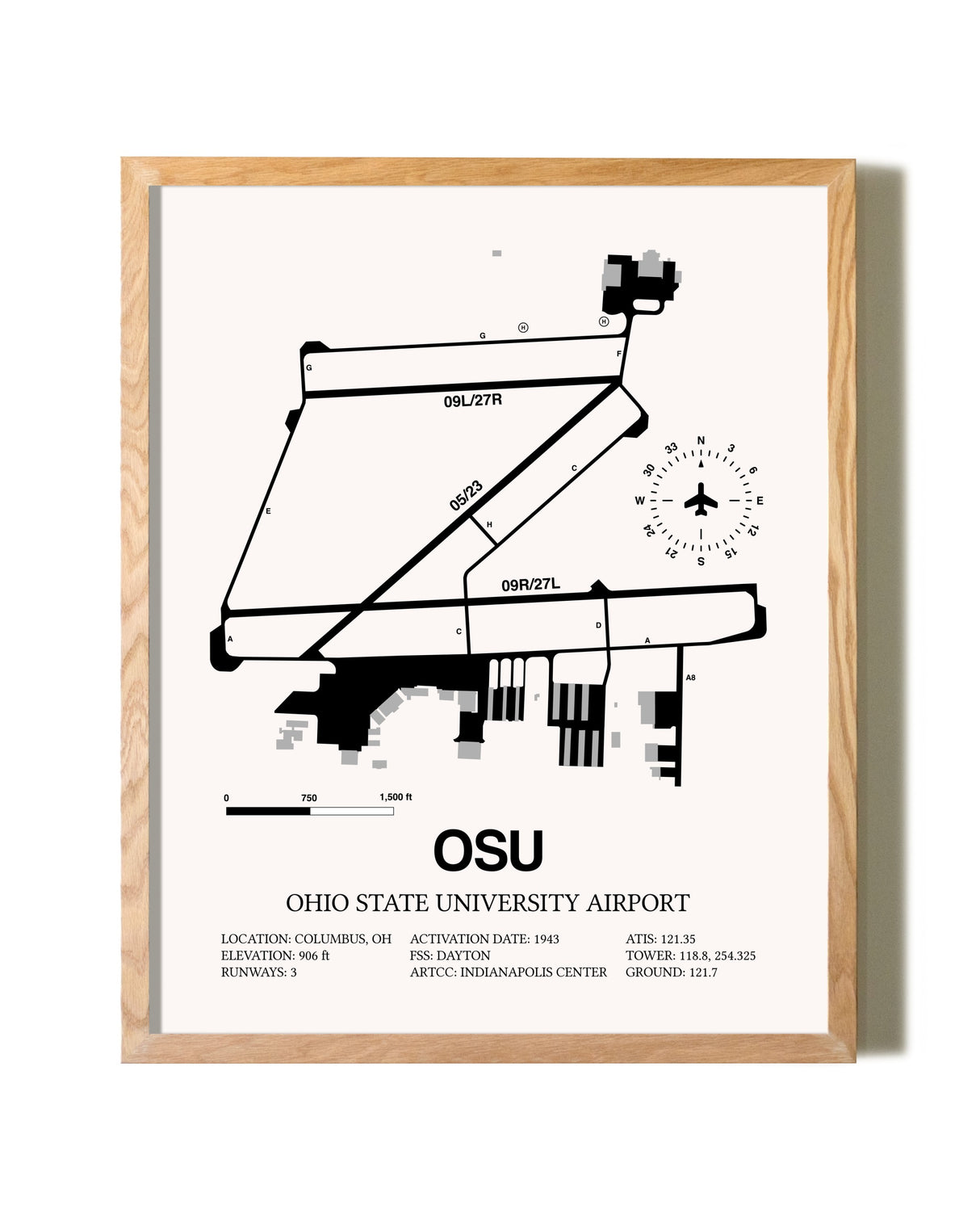 Ohio State University Airport framed print in natural wood frame