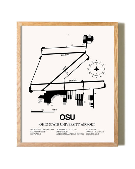 Ohio State University Airport framed print in natural wood frame