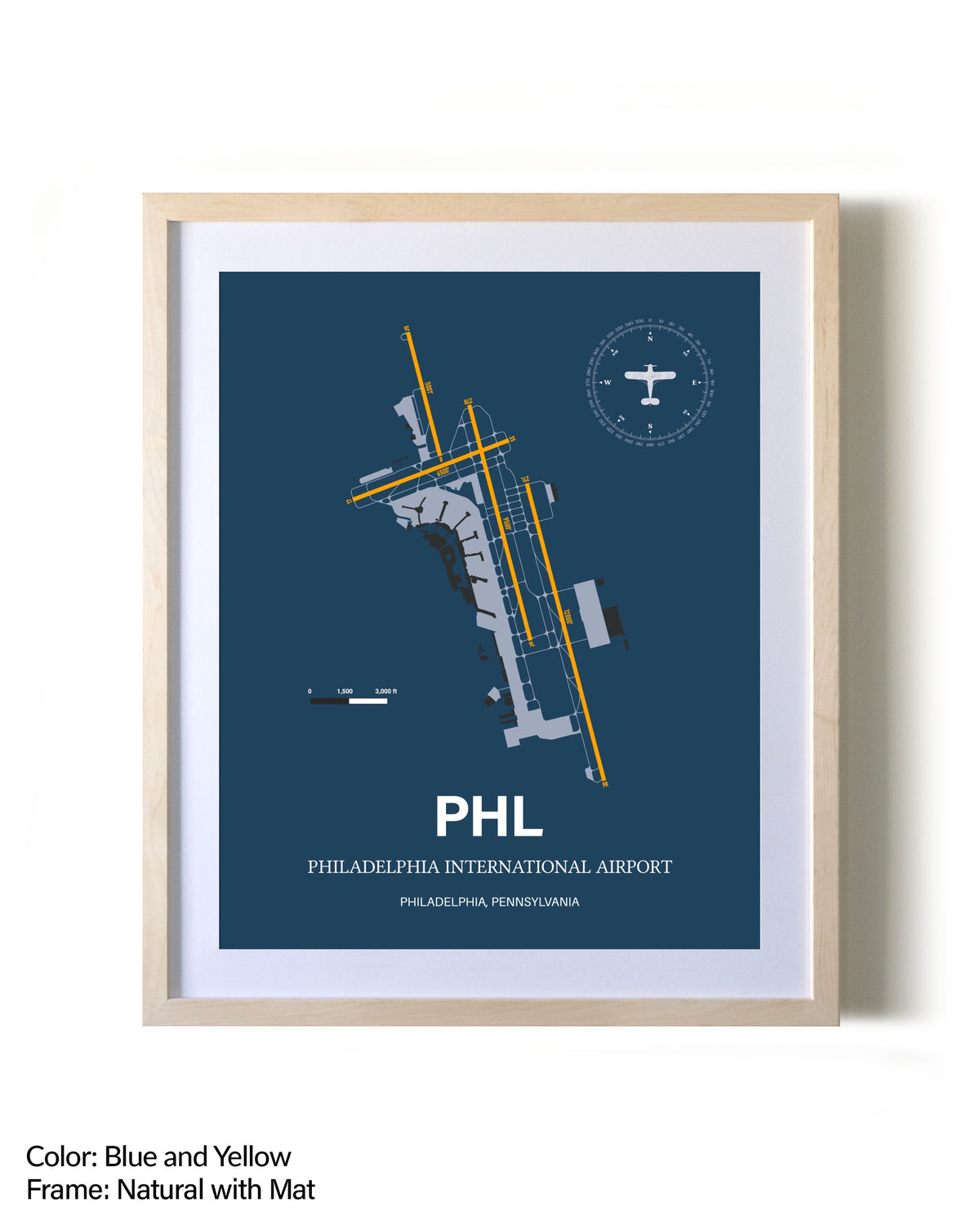 Philadelphia International Airport framed print in natural wood frame with mat