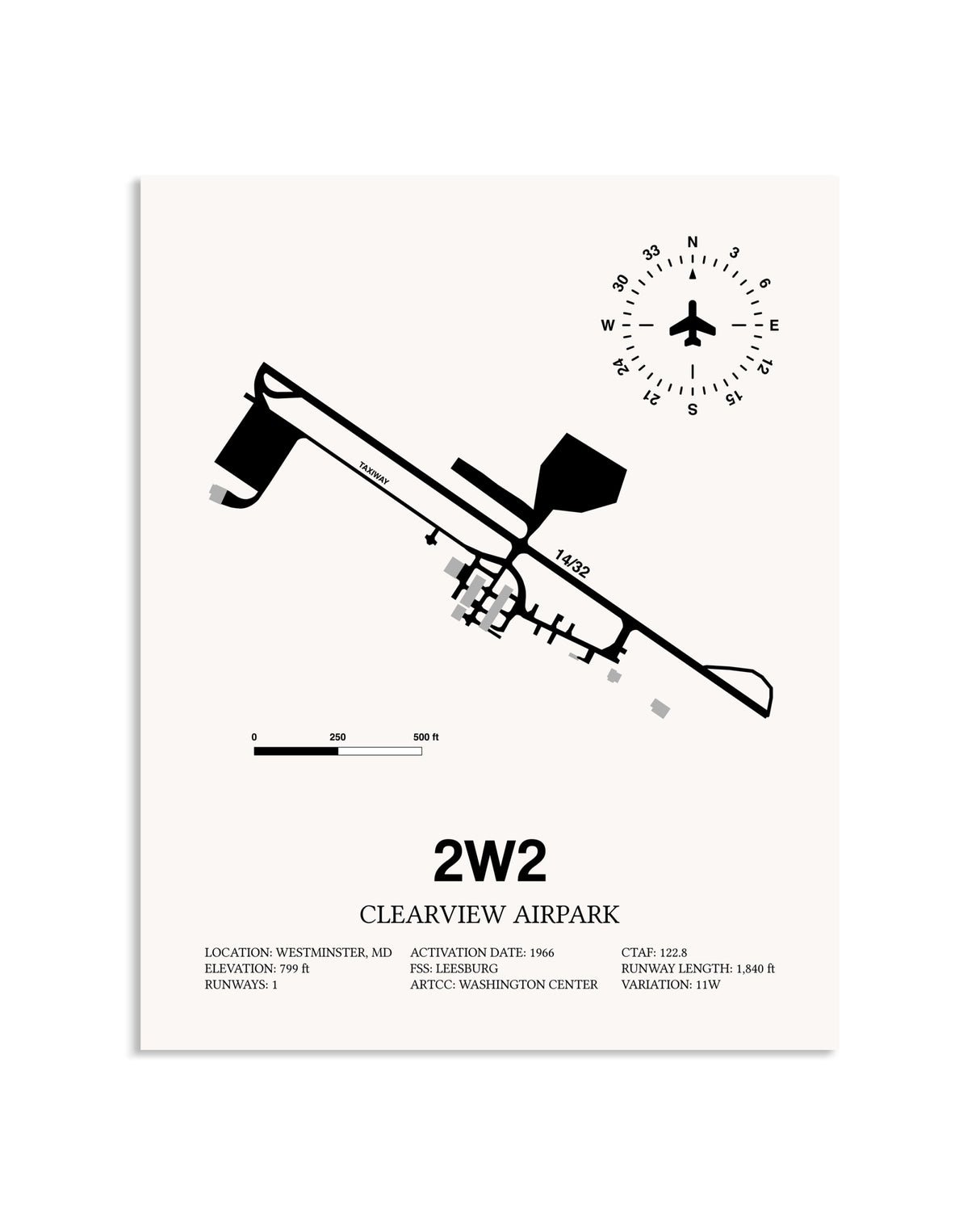 Gray Clearview Airpark framed poster displayed in an airplane hangar