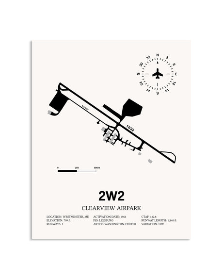 Gray Clearview Airpark framed poster displayed in an airplane hangar