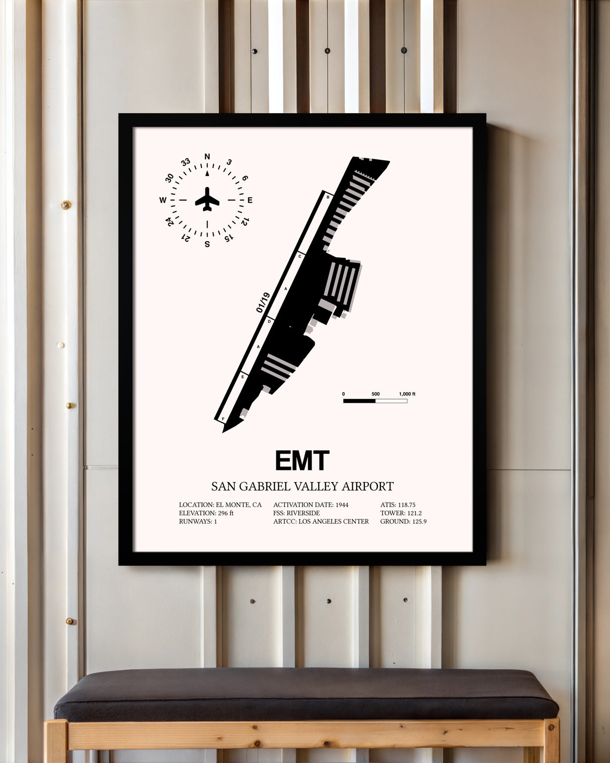 San Gabriel Valley Airport framed poster displayed in an airplane hangar