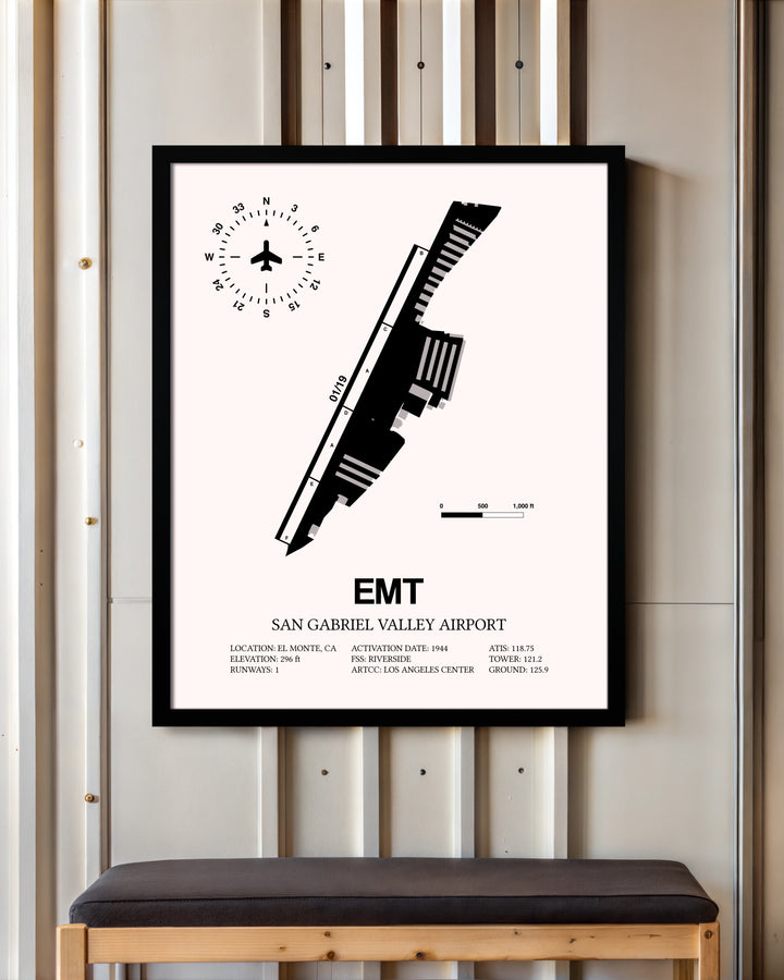 San Gabriel Valley Airport framed poster displayed in an airplane hangar